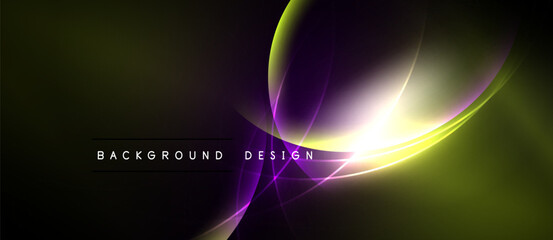 Abstract background design features flowing curves, vibrant colors. Purple, yellow gradients create dynamic visual effect. Modern, elegant presentation.