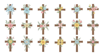 A collection of stylized floral crosses are displayed in a flat lay against a clean white background, creating a soft, pastel color palette suitable for Easter or