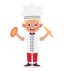 A cartoon boy wearing a chef's hat and uniform holds a loaf of bread and a rolling pin.