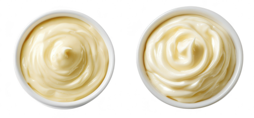 Two bowls of creamy mayonnaise displayed side by side. their smooth texture and rich color against a clean white background. ideal for culinary use or food photography