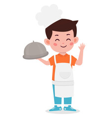 A cartoon boy wearing an apron holding a covered dish and waving.