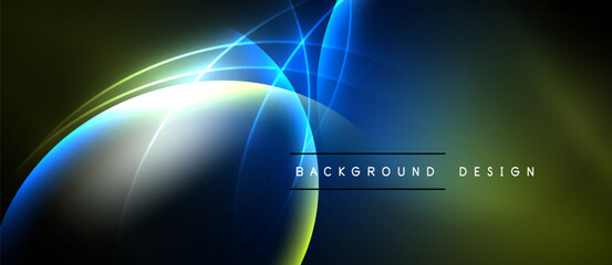 Abstract neon lights create dynamic curves, gradients. Dark background emphasizes bright blue, yellow illumination. Modern design element.