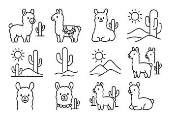Obraz premium Adorable llama and alpaca characters with desert cactus plants and mountain landscape