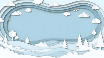 Paper Cut Winter Landscape with Trees and Clouds - Vector Illustration Backdrop