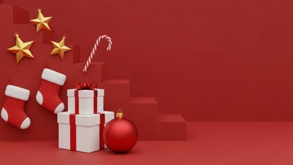 Festive christmas scene with gifts stockings stars candy cane and ornament on a red background