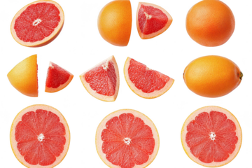 A display of fresh oranges and grapefruits. various cuts and whole fruits arranged aesthetically on a clean background. ideal for food-related content or healthy lifestyle promotions