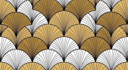 Art Deco Seamless Pattern with Golden and Silver Fan Shells Design