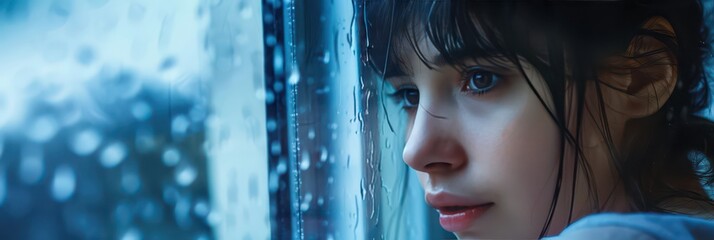 Pensive woman gazing out rainy window on blue monday