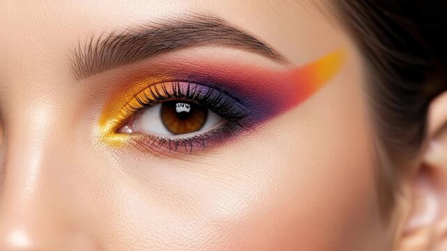 Vibrant eye makeup transformation with bold color transition and artistic flair