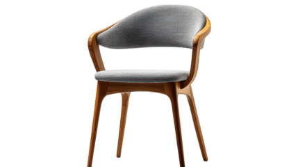 A stylish modern chair featuring a wooden frame and upholstered seat. set against a plain white background. its design for interior decoration and furniture cataloging