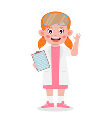 A cartoon girl in a white lab coat waves while holding a clipboard.