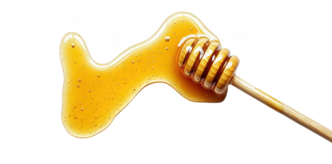 A close-up view of a wooden honey dipper dripping golden honey onto a smooth white surface. highlighting the texture and richness of the honey. suitable for culinary and health-related themes