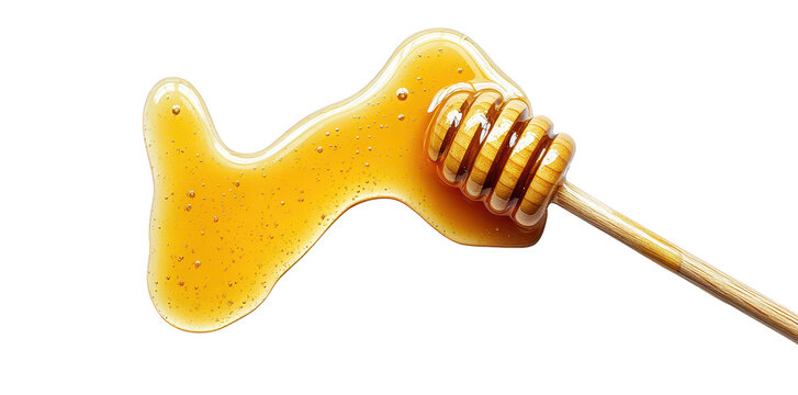 A close-up view of a wooden honey dipper dripping golden honey onto a smooth white surface. highlighting the texture and richness of the honey. suitable for culinary and health-related themes