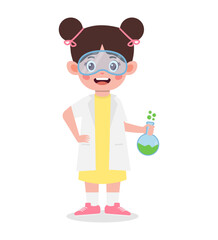 A young girl wearing safety goggles and a lab coat holds a green bubbling flask.