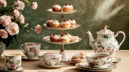 Elegant afternoon tea party with floral china teapot and cupcakes on a tiered serving stand display