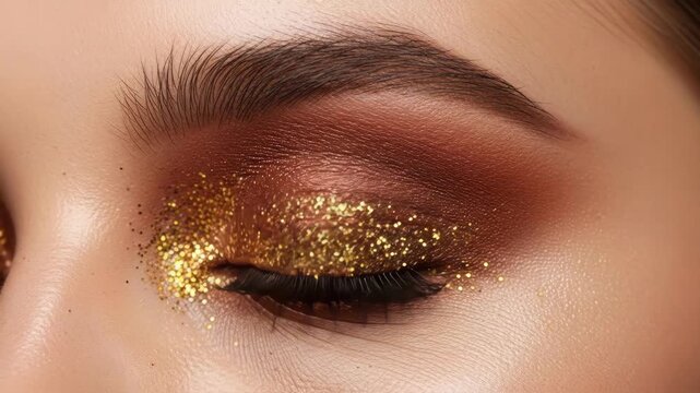 Captivating gold glitter eye makeup transformation on a woman's closed eyelid