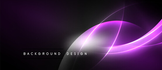 Dark purple background features glowing curved lines. Minimalist design with text elements below curves. Modern aesthetic, vibrant colors.
