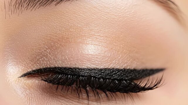 Elegant eye makeup application: eyeliner precision and eyelash enhancement closeup