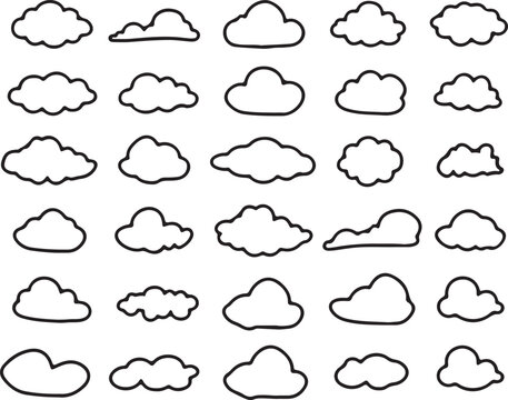 Minimalist Cloud Icon Set &ndash; 30 Unique Black Outline Weather Symbols for UI, Forecast, and Design Projects