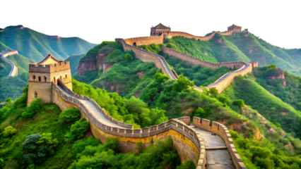 Great Wall of China, winding over lush green mountains with watchtowers and stone battlements, cutout, PNG, isolated on white or transparent background, AI