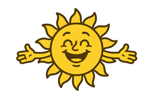 Cheerful cartoon sun mascot with open arms ready for a warm hug or friendly greeting