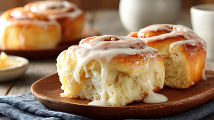 Close-up of a sugar glaze being poured over freshly baked cinnamon rolls, creating a glossy finish that adds sweetness and shine to the baked treat