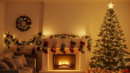 Warm Holiday Home: Christmas Tree, Fireplace, and Stockings Aglow with Festive Cheer
