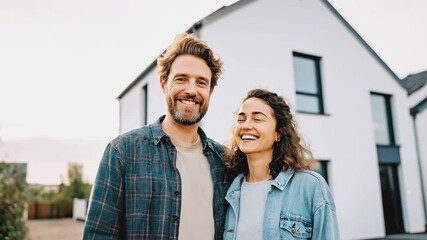 Happy smiling couple holding keys outside their newly purchased modern white house. Reaching major life goal, real estate investment, property ownership