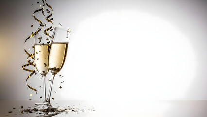 Champagne flutes with golden confetti and streamers against a bright background.