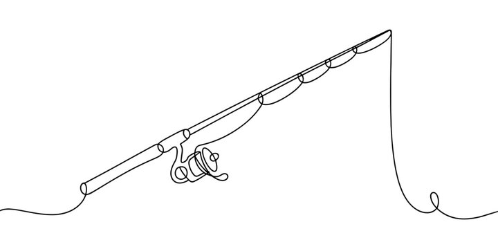 continuous line illustration of a fishing rod with reel and line, suitable for fishing, hobby, sport and outdoor themes.