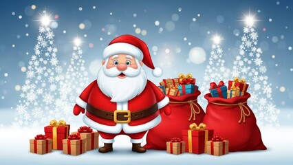 Santa claus with gifts and christmas trees in background on a snowy christmas eve illustration
