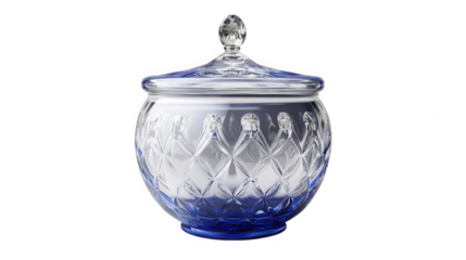 A clear glass candy dish with a lid and a decorative knob on top isolated on a black background on transparent background