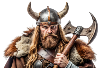Viking warrior, fierce with horned helmet and battle axe ready for combat, cutout, PNG, isolated on white or transparent background, AI