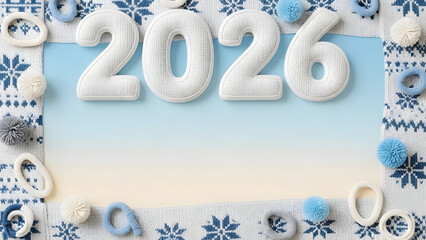 Stylish 2026 New Year Frame with Knitted Snowflake Pattern and Pom Poms