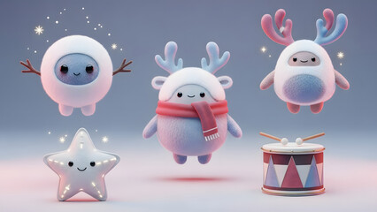 Adorable Christmas Characters: Snowman, Reindeer, Star, and Drum Set in Festive Scene