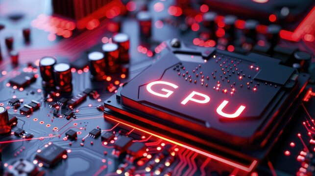 A close-up view of a high-performance GPU (Graphics Processing Unit) chip with intricate circuitry on a green motherboard, showcasing technology used for gaming and computing.