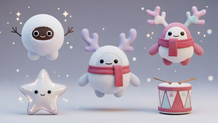 Cute Christmas Characters: Snowman, Reindeer, Star, and Drum Set on Light Background