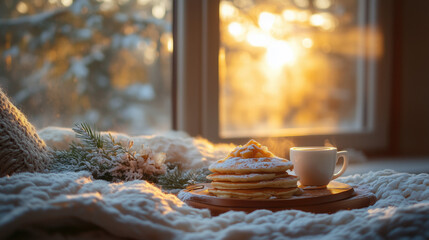 cozy winter morning scene with pancakes, coffee, and warm sunlight entering through the window