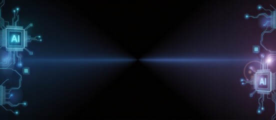 Artificial intelligence processors with glowing circuits and central light beam on dark background