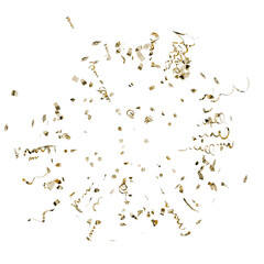 luxurious golden confetti explosion. realistic 3d render of shiny metallic streamers and stars for premium celebration concepts.