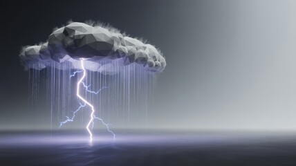 Cloud with rain and a bright lightning bolt striking a dark reflective surface.