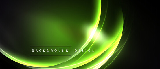 Bright green curves flow across black background. Design features light gradients, creating dynamic visual effect. Text reads background design.