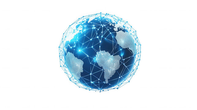 A glowing blue globe with interconnected lines on a black background, showing continents and network on transparent background - Powered by Adobe