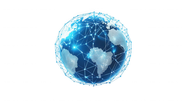 A glowing blue globe with interconnected lines on a black background, showing continents and network on transparent background - Powered by Adobe