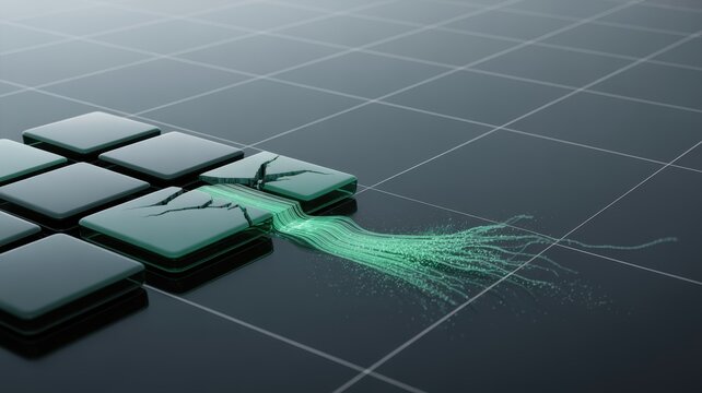 Data stream bursting from a cracked digital tile on a dark grid background for technology