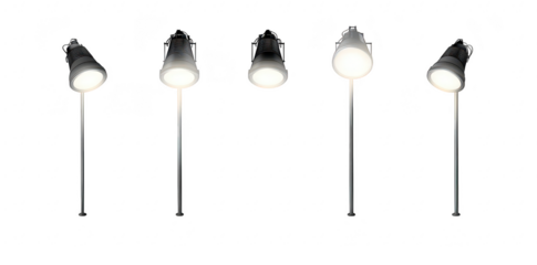 A row of five studio lights casting bright beams on a white background. creating a dramatic lighting effect suitable for photography or videography projects