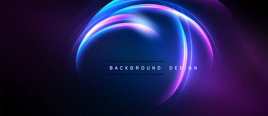 Abstract neon circles overlap, creating vibrant blue, purple glow. Dark background emphasizes luminous design elements.