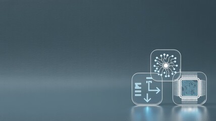 Digital technology icons featuring microchip, neural network, and data flow concepts