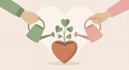 Vector illustration of two hands watering a heart-shaped plant, symbolizing nurturing a relationship, care, and commitment