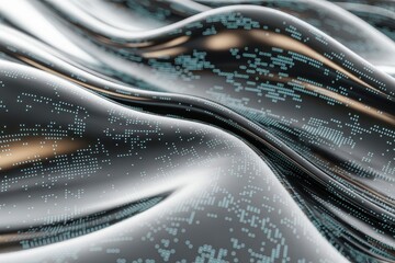 Flowing metallic surface with embedded glowing blue digital data pattern background